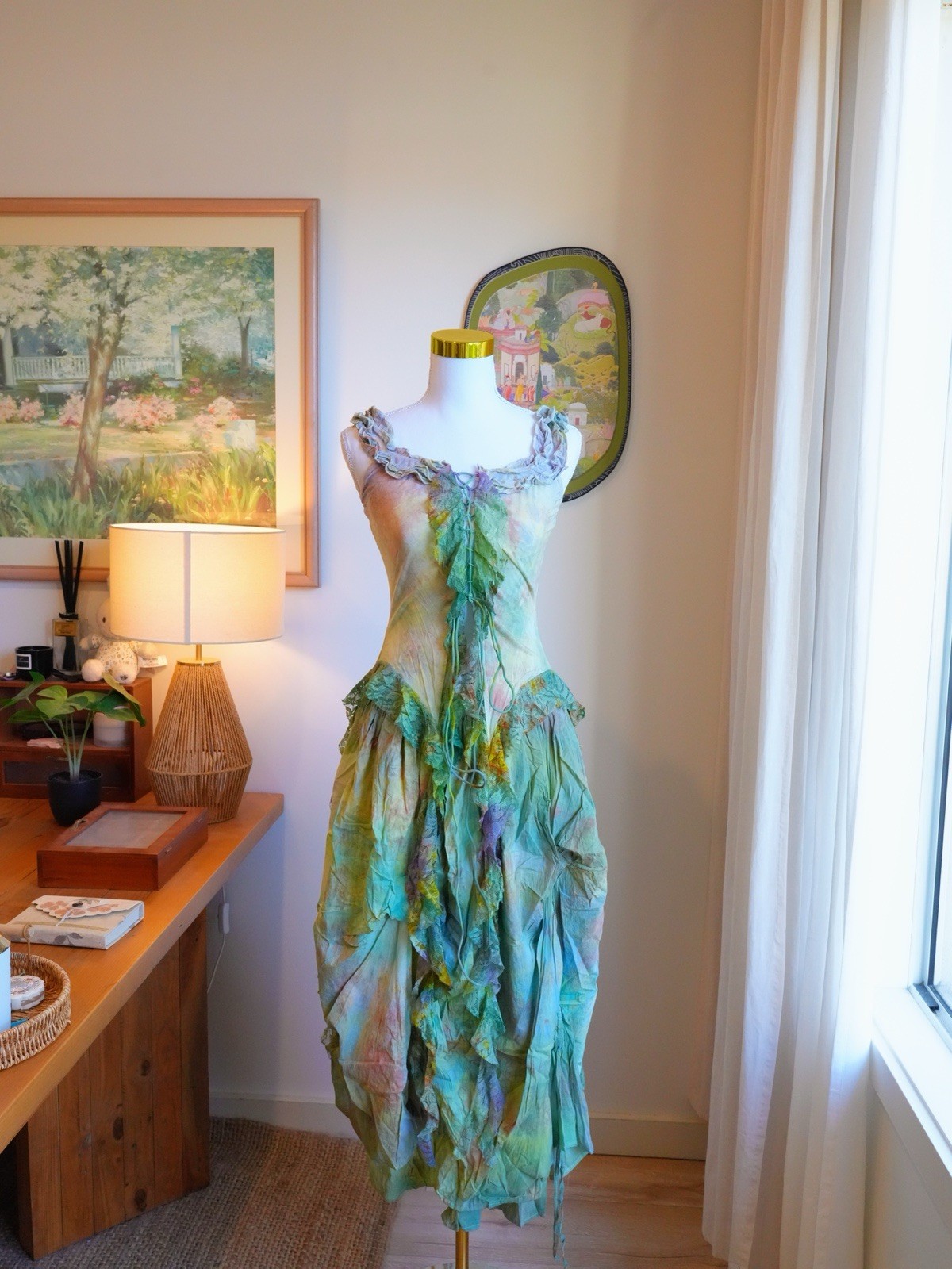 Handmade Botanical Dyed Maxi Dress Ruffle Boho Cottagecore Long Dress S–M