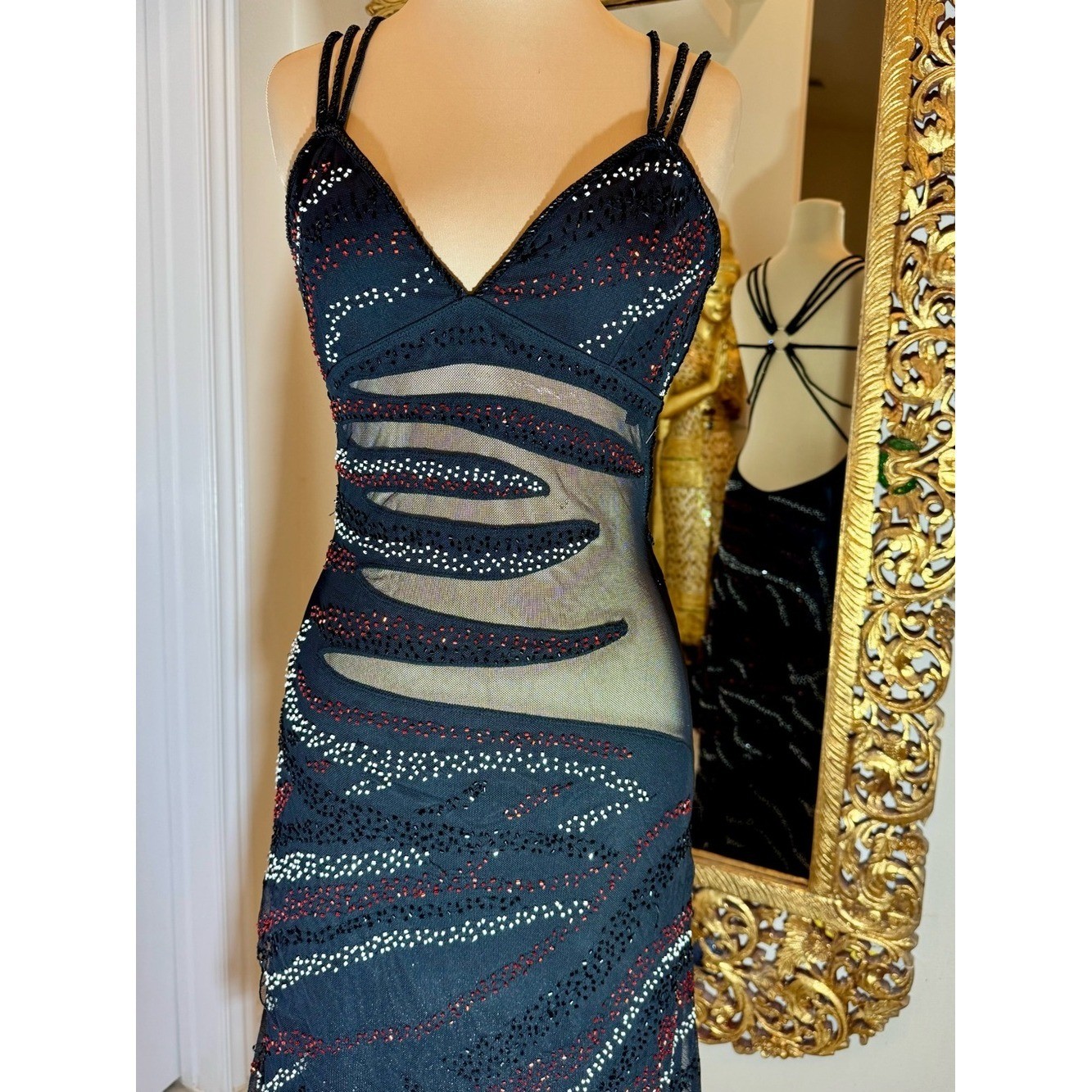 Black intricately hand beaded Sequin Mesh Maxi Dress with Double Straps stretch