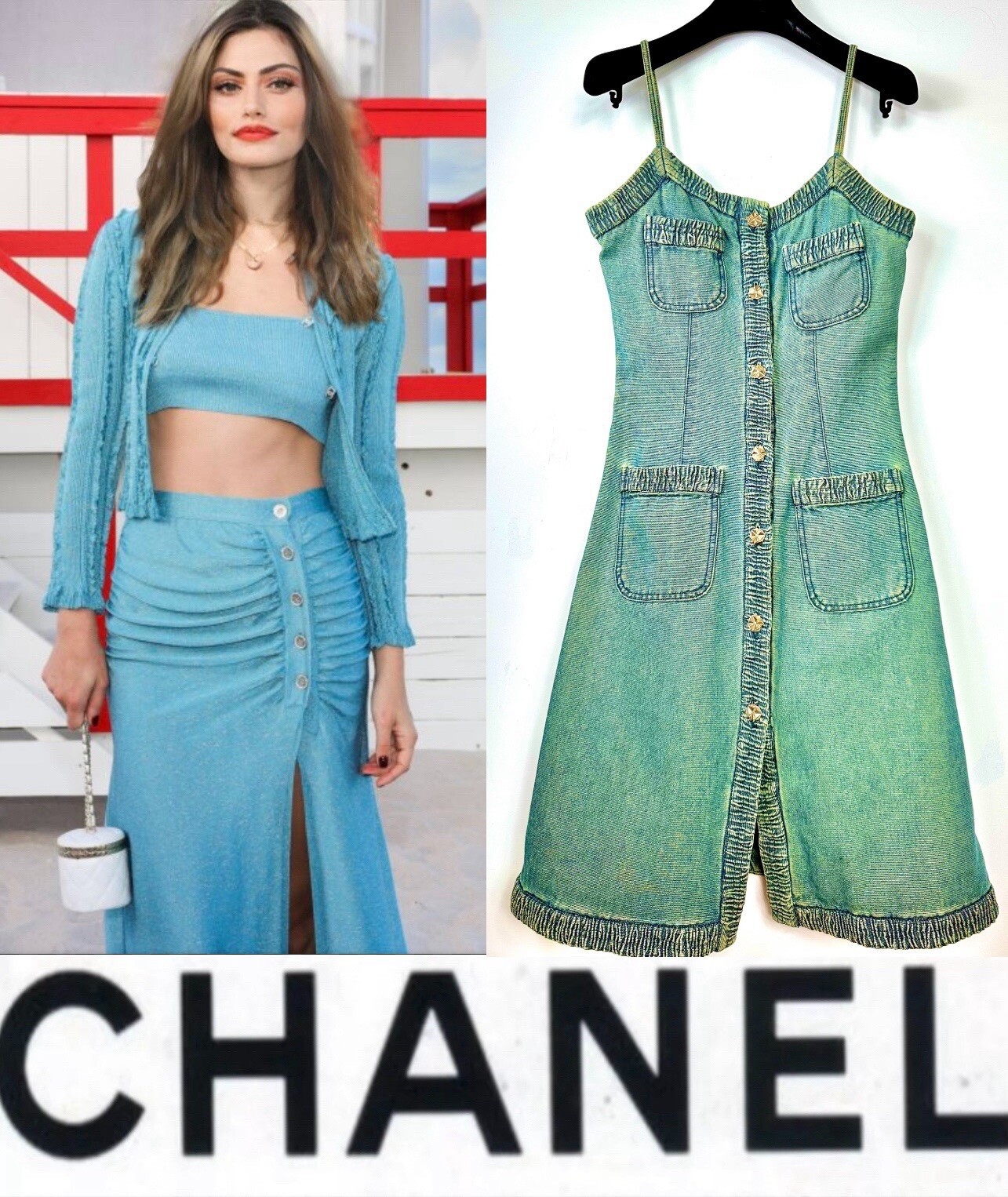 Chanel Vintage 2001 Barbie Blue Denim Midi Dress 36 38 4 6 Vtg Logo Button S M