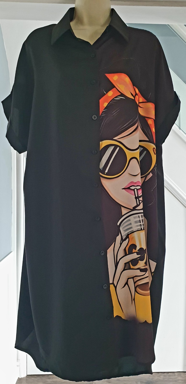 Cute Girl Portrait Print Oversized Dipped Hem Kaftan Cover-up Shirt Dress
