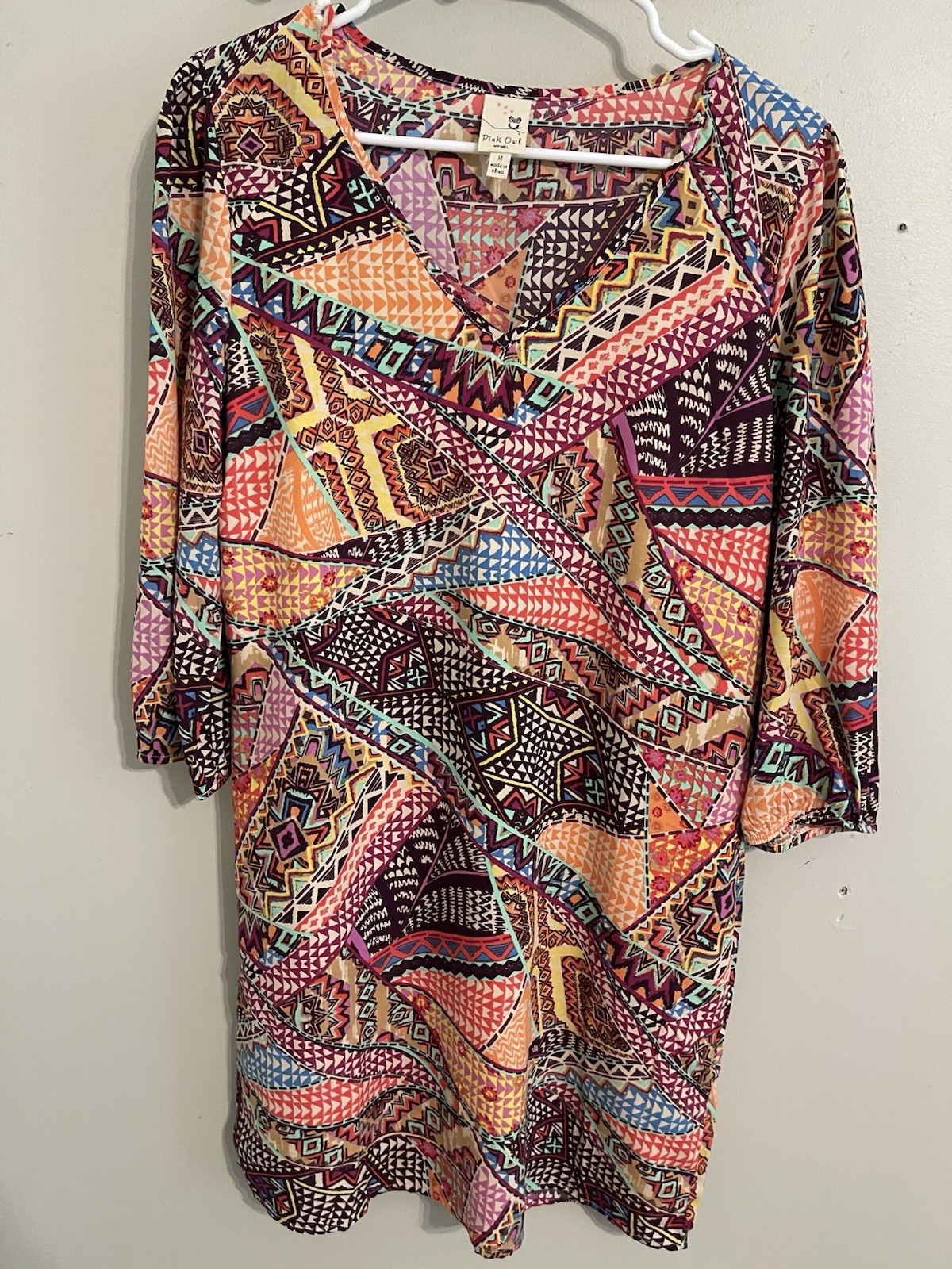 Pink Owl Apparel Women’s Pencil Dress Multicolor Geometric V-Neck 3/4 Sleeve M