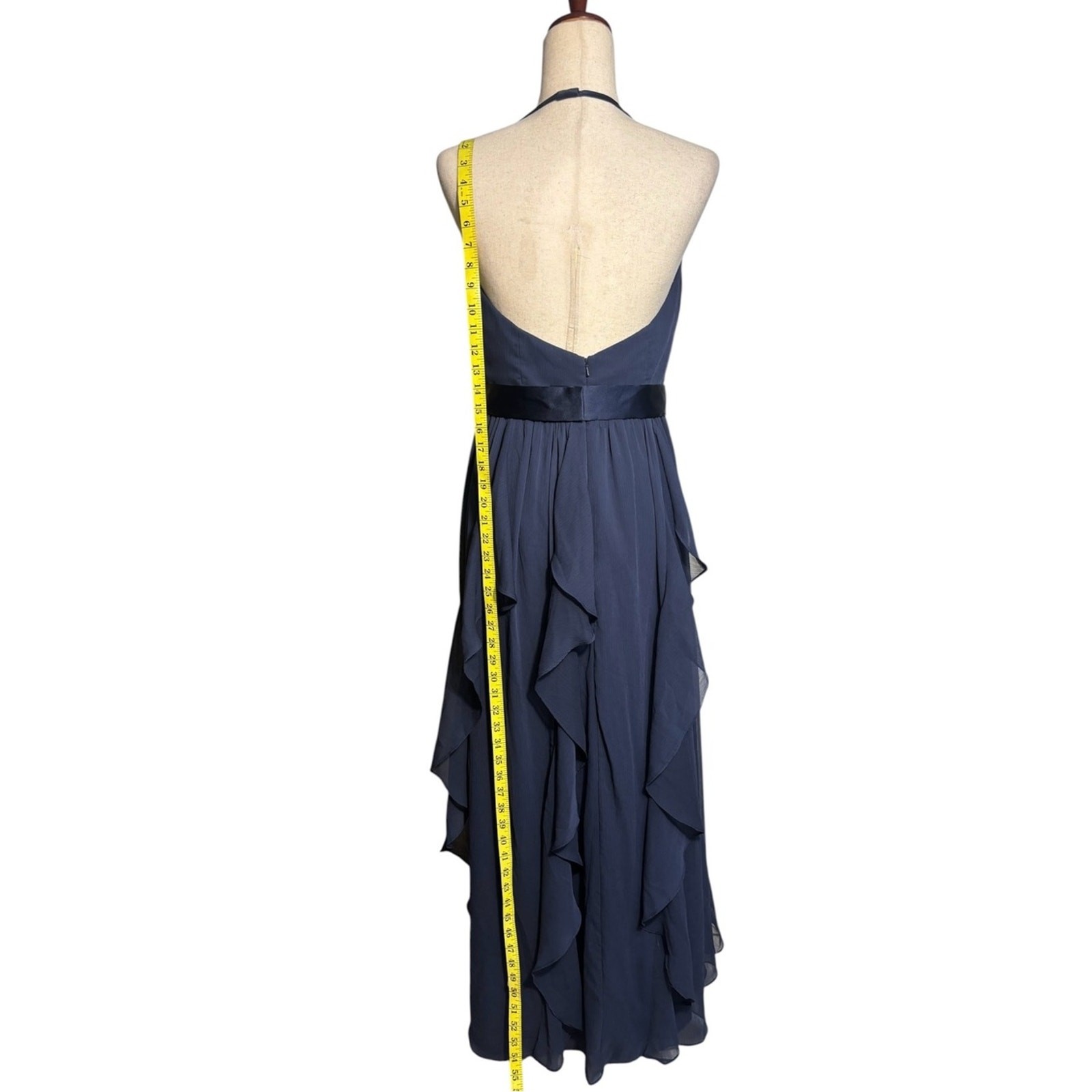 Vera Wang White Navy Chiffon Halter Maxi Dress Ruffle Formal Gown Size 8