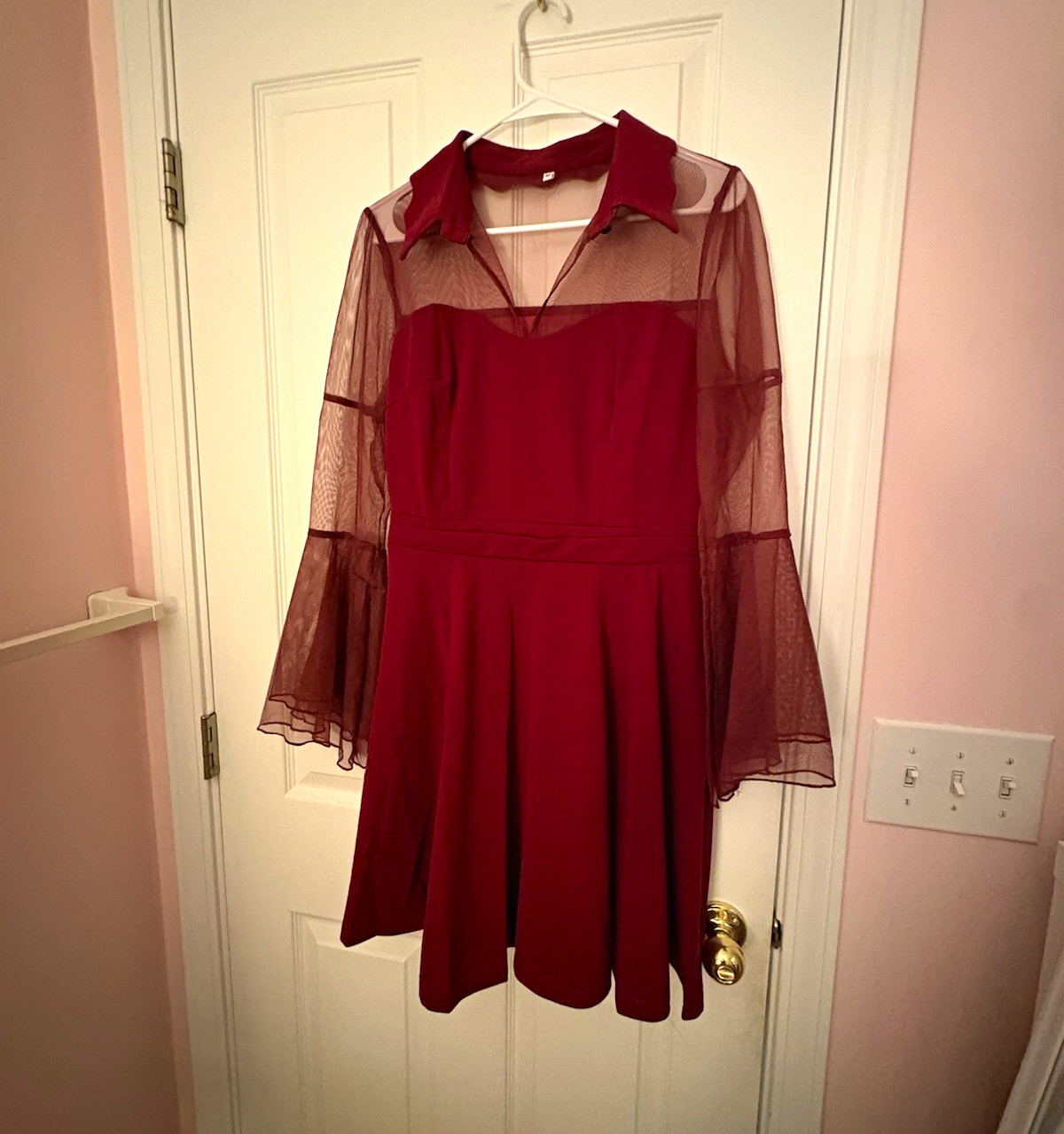 Burgundy Fit & Flare Collared Sheer Mesh Short Dress Long Bell Sleeves Sz M