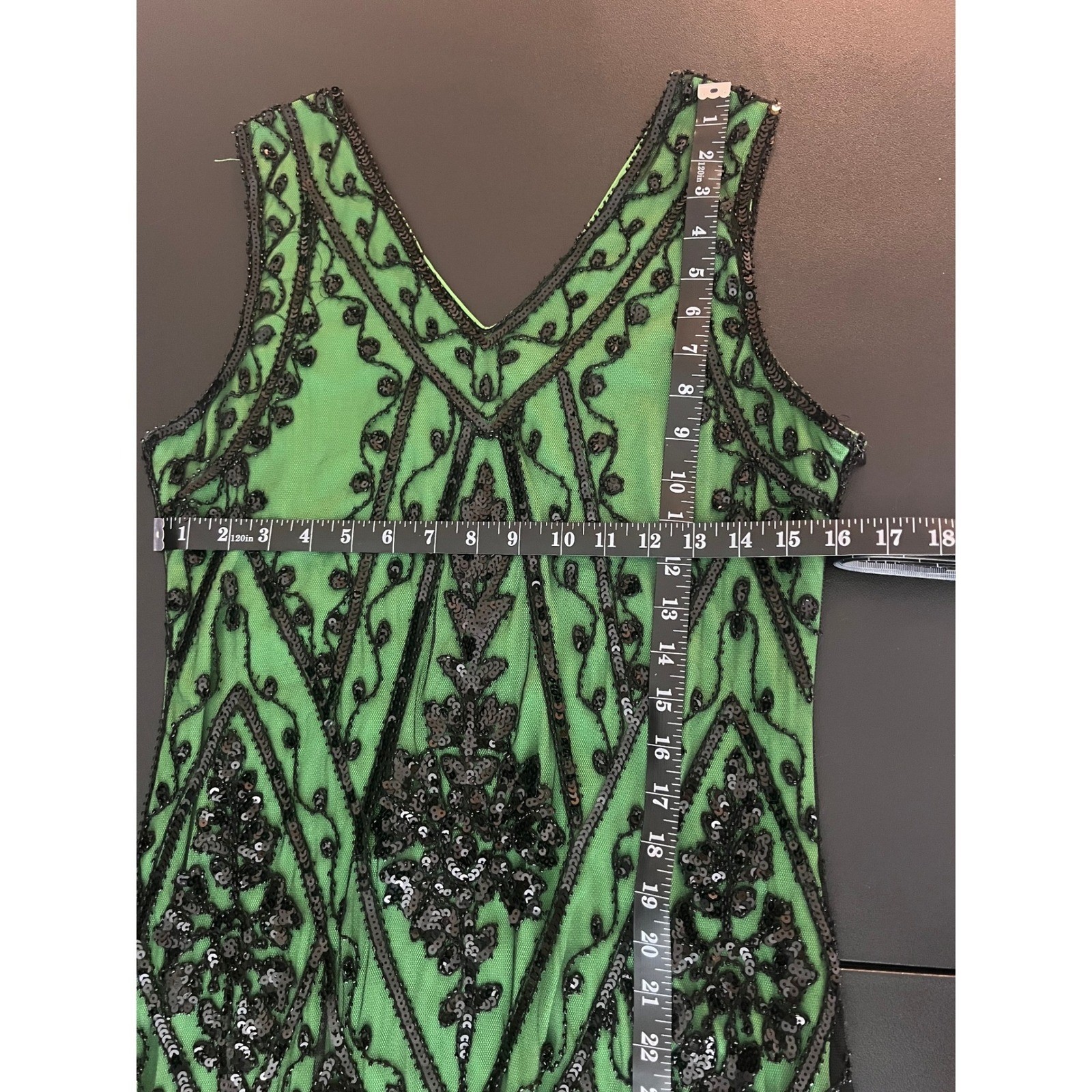 PrettyGuide Green Black Sequin Fringe Flapper Dress 1920s Gatsby Style L (1098)
