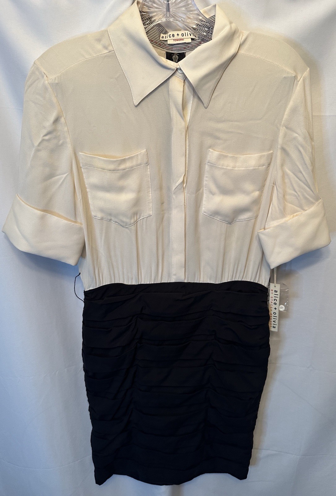 NWT Alice + Olivia Size 8 Maddie French Cuff Shirt Dress Black White Ruched