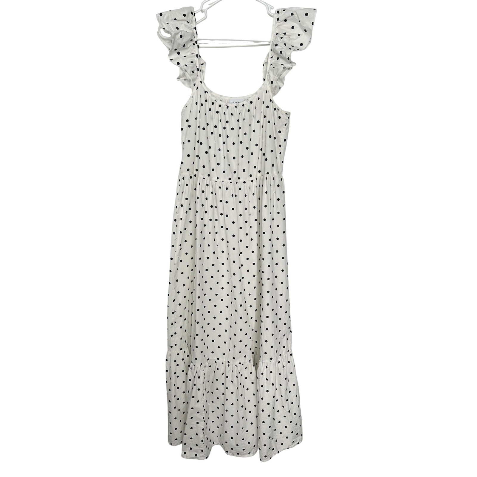 Vila Women’s EU 34 XS-S White Black Polka Dot Ruffle Tiered Maxi Dress Coquette
