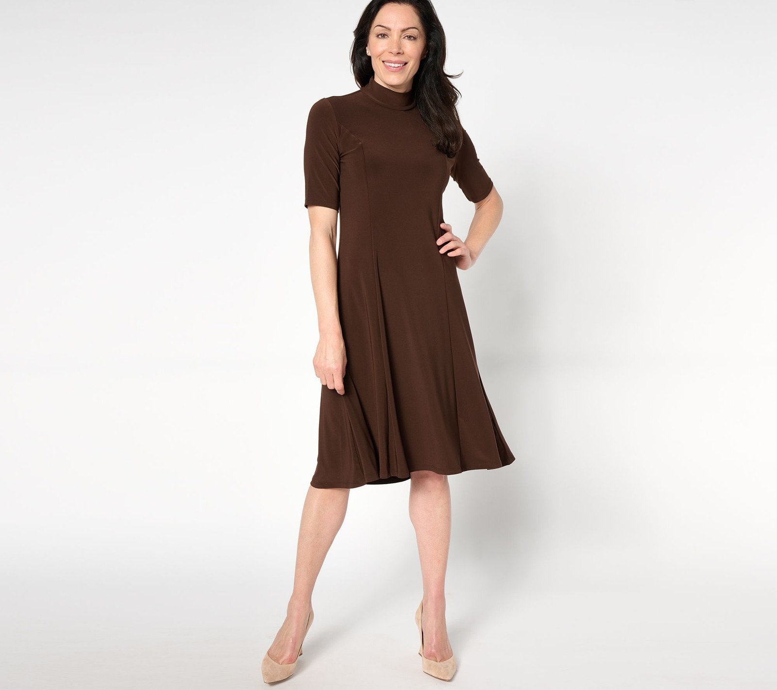 Dennis Basso Women’s Petite Dress PL Italia Knit Elbow Sleeves Brown A665639