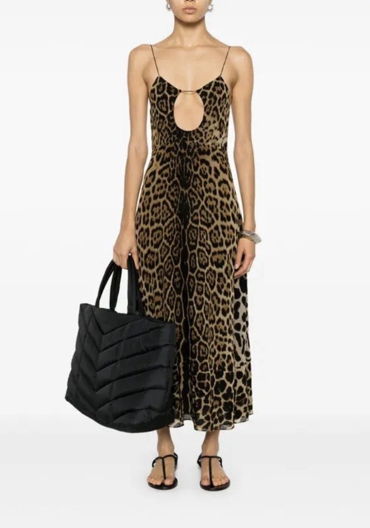 Saint Laurent Paris Brown/Black Leopard Print Silk Chiffon Cut-Out Slip Midi 42