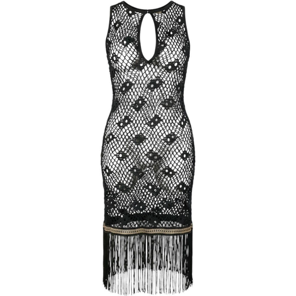 Black Crochet Knit Fringe Dress Gold Chain Trim Keyhole Festival Coverup Medium