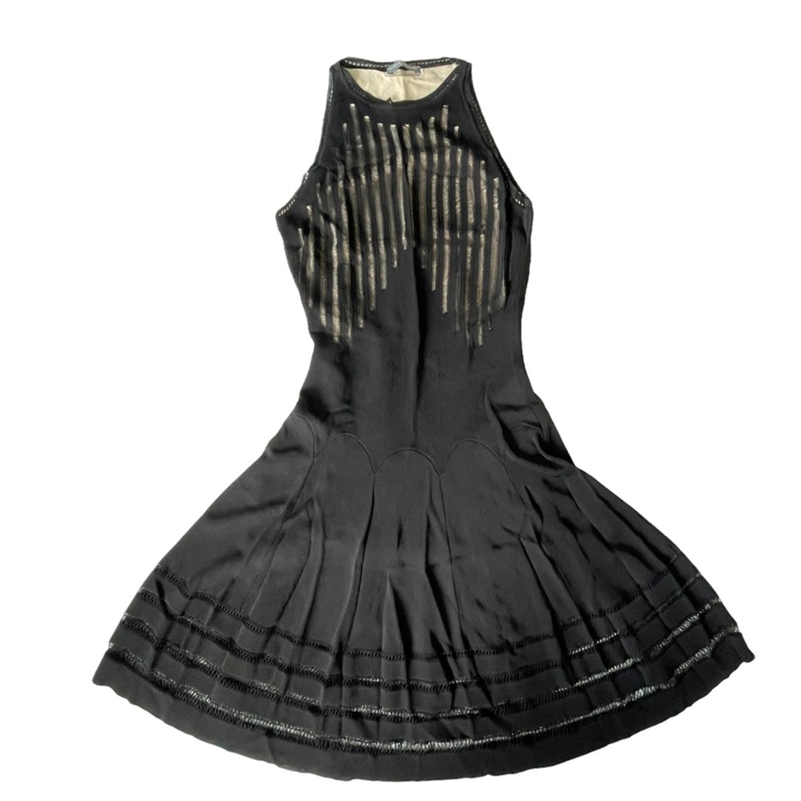 Alexander McQueen Knit Sheer Shirred Dress A Line Cocktail Party Black S EUC
