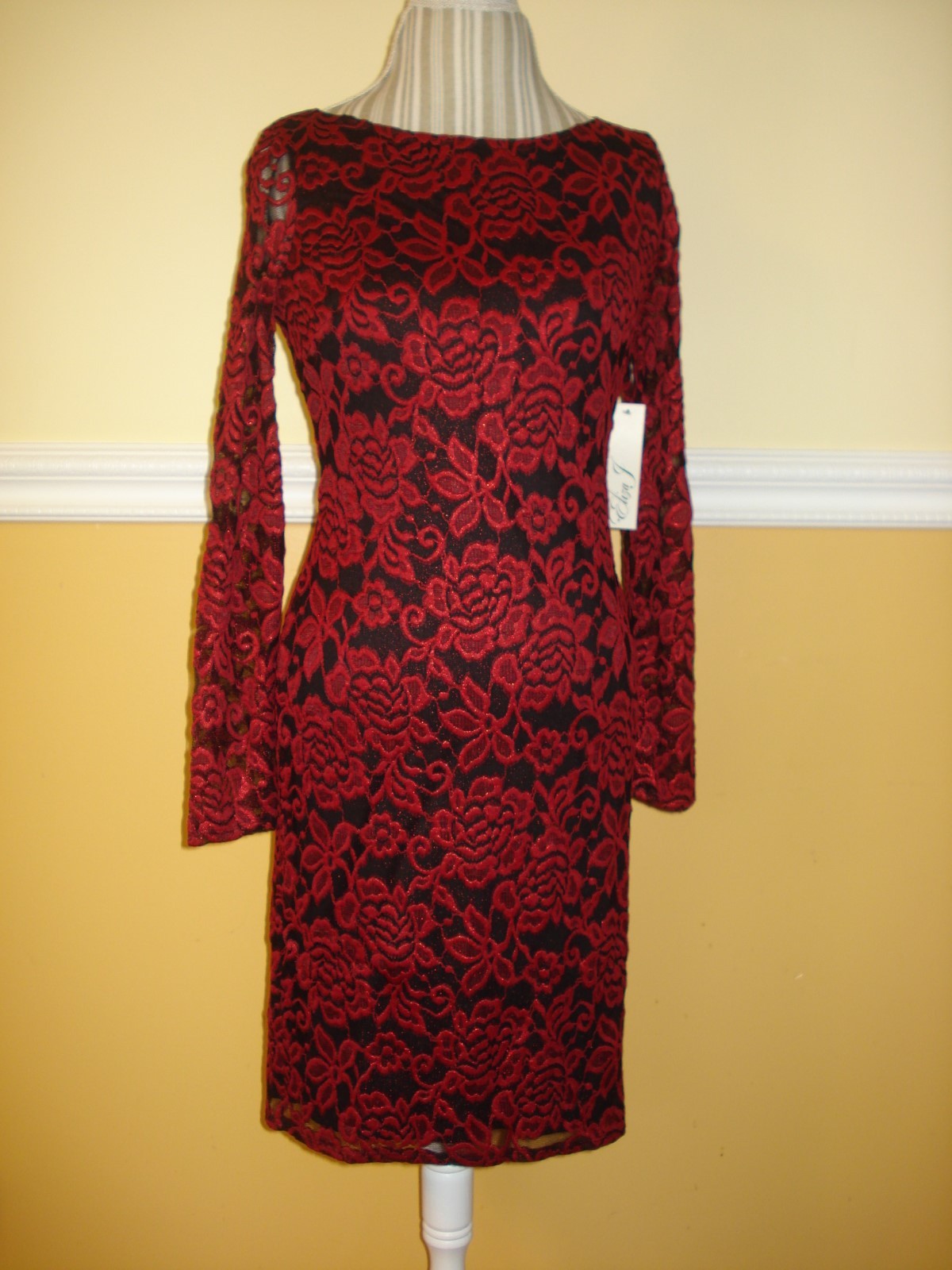 Eliza J Lace Long Sleeves Red/Black Cocktail Sheath Dress Sz 4,6,8,10,12,14,16