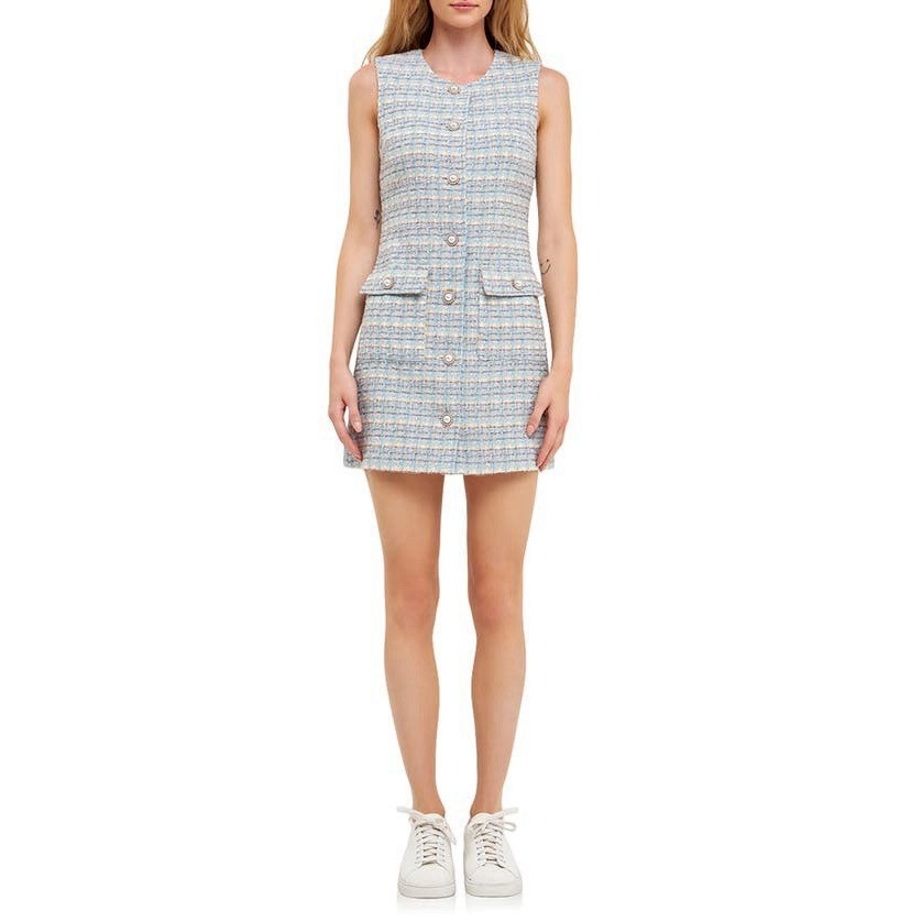 Euro Wool Tweed Pearl Button Front Woven Baby Blue Retro Dress Womens M NWT $140