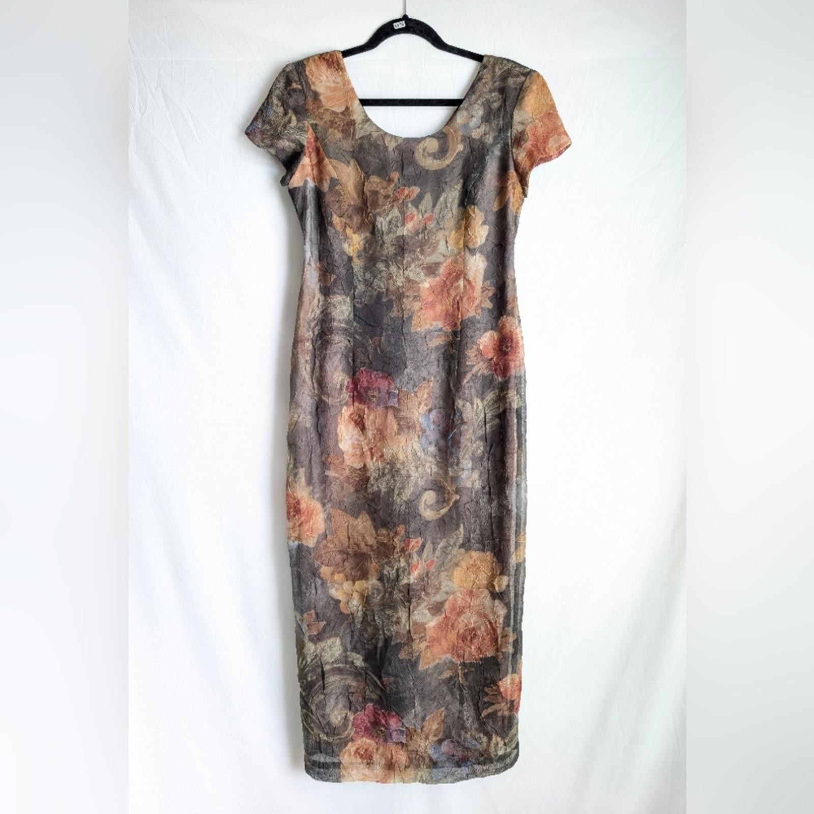 90s Vintage Dark Floral Midi Dress | Autumn Romantic Minimalist Size 8