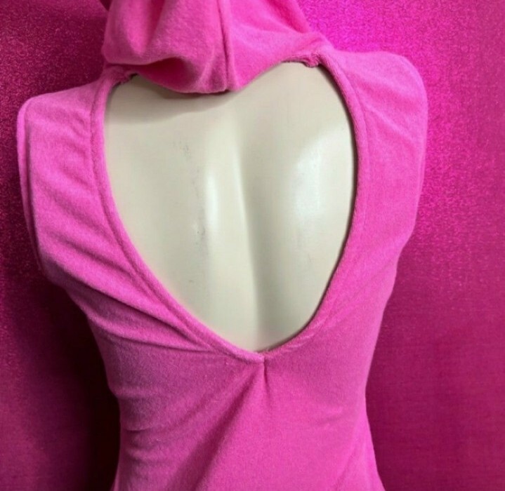 🆕Pink Front Zipper Open Cut-Out Back Bodycon Hoodie Mini Dress Size M