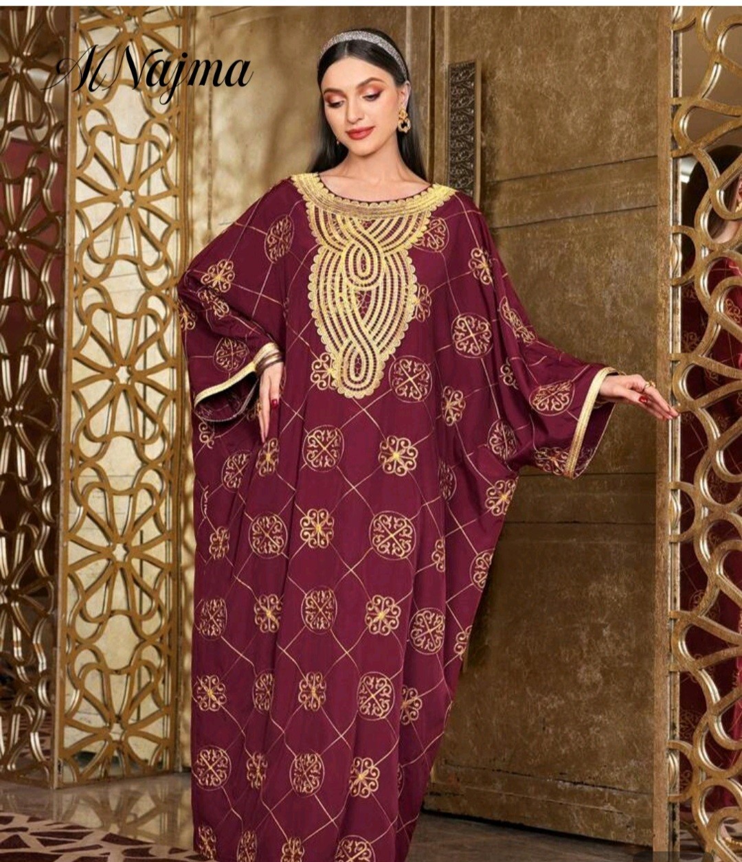 Al Najma Burgundy Gold Geometric Embroidered Long Kaftan Dress . One Size