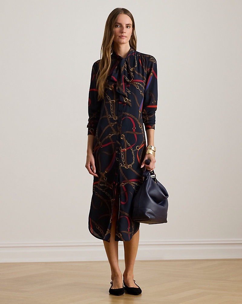 Ralph Lauren Georgette Equestrian Chain Print Tie Neck Midi Dress Navy 14 NWT