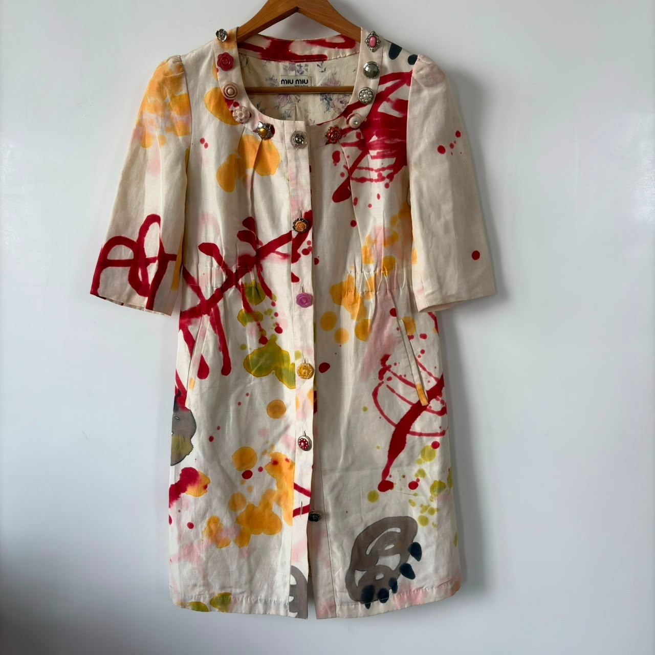 Miu Miu 2000s Abstract Art Multicolor Silk Button Detail Dress Size 34-36