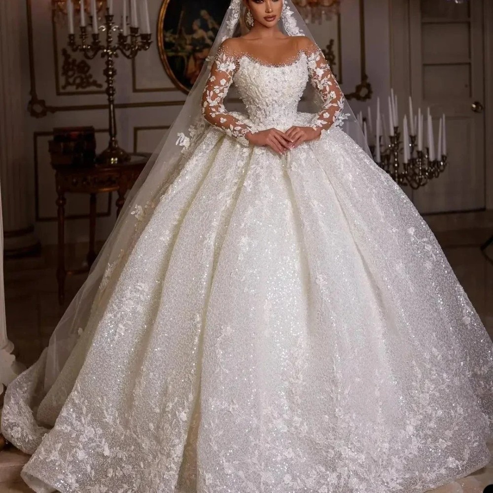 Luxurious Long Sleeved Wedding Dress with Shiny Applique Chiffon Bridal Gown