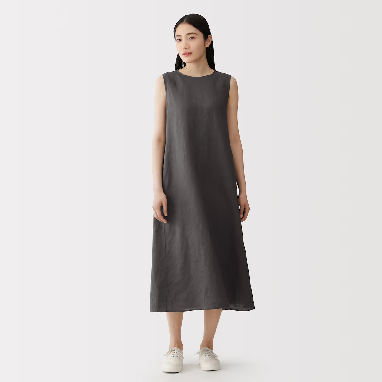 MUJI Womens 100% Linen Washed Sleeveless Dress Dark Brown FedEx