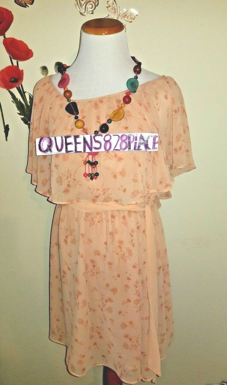 Love 21 Dress Sz Medium Lightweight Peach Floral Print Sleeveless Elastic Waist