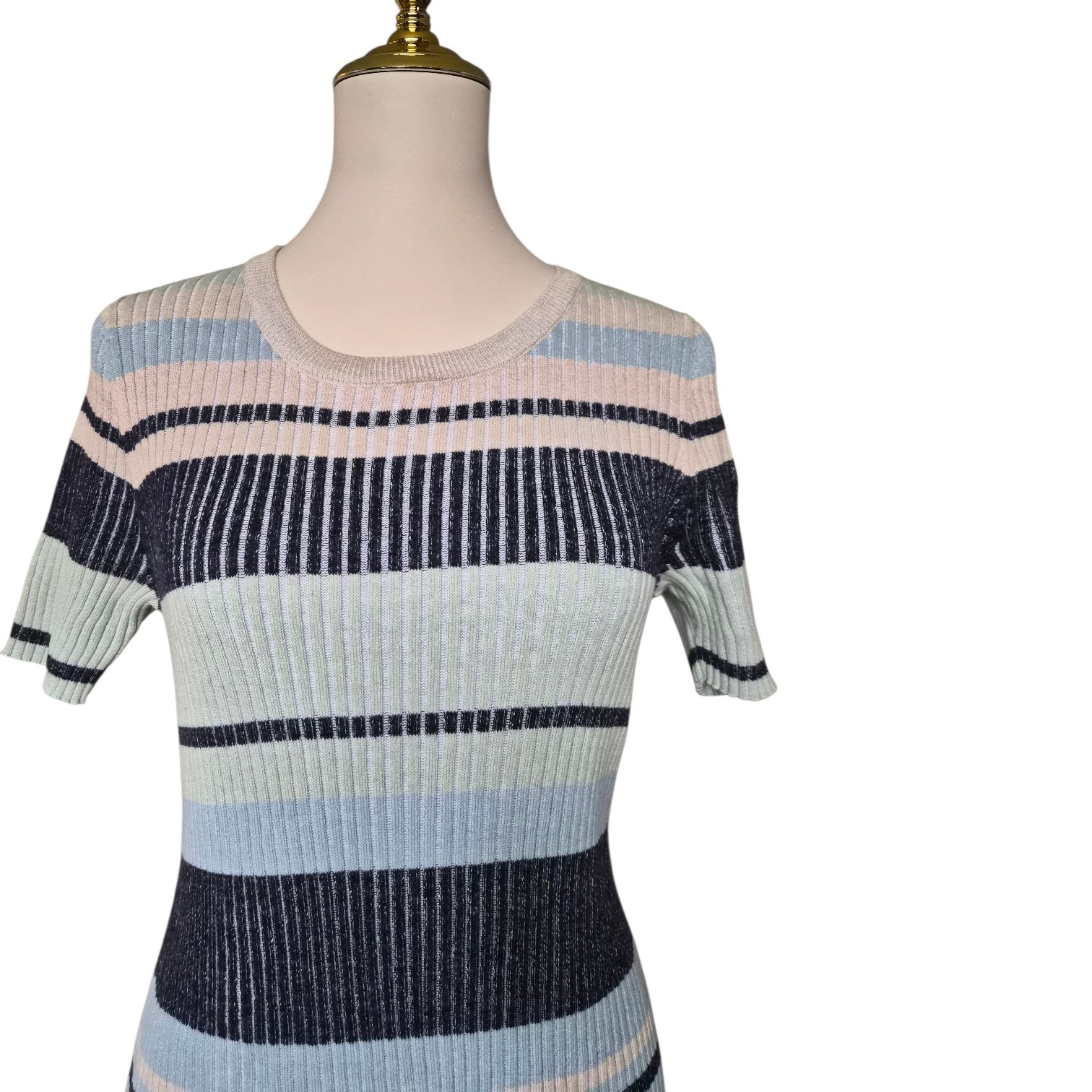 Stitches & Stripes Ribbed Knit Maxi Dress Size L Blue Stripe Short Sleeve NWOT