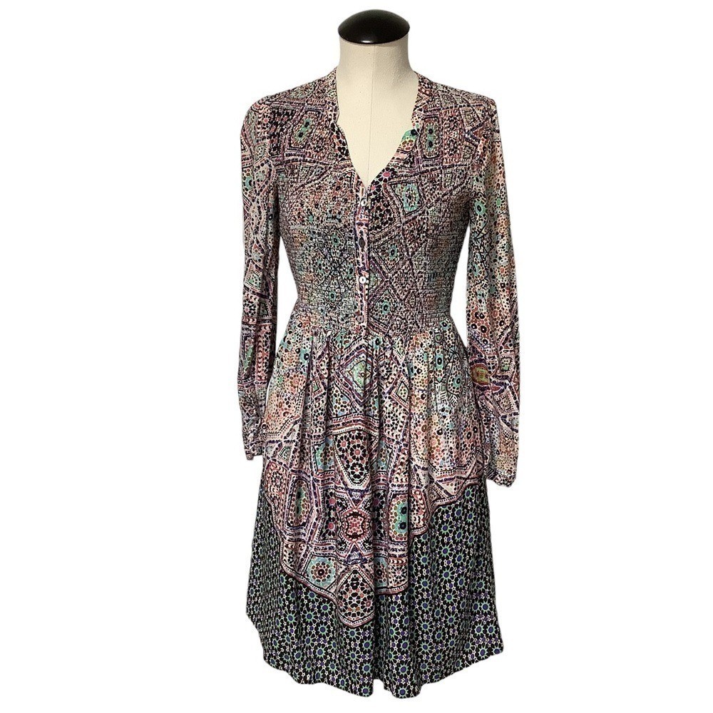 ANTHROPOLOGIE Postmark Geometric Tile Print Smocked Waist Dress Size S