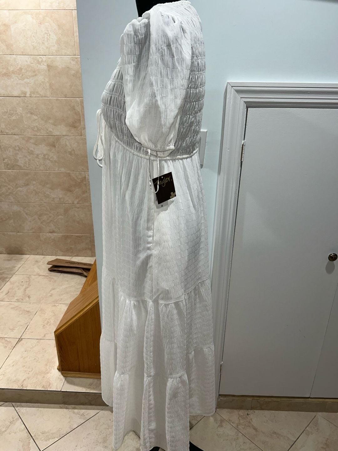 Taylor white textured puff sleeve tiered maxi dress with tassel tie