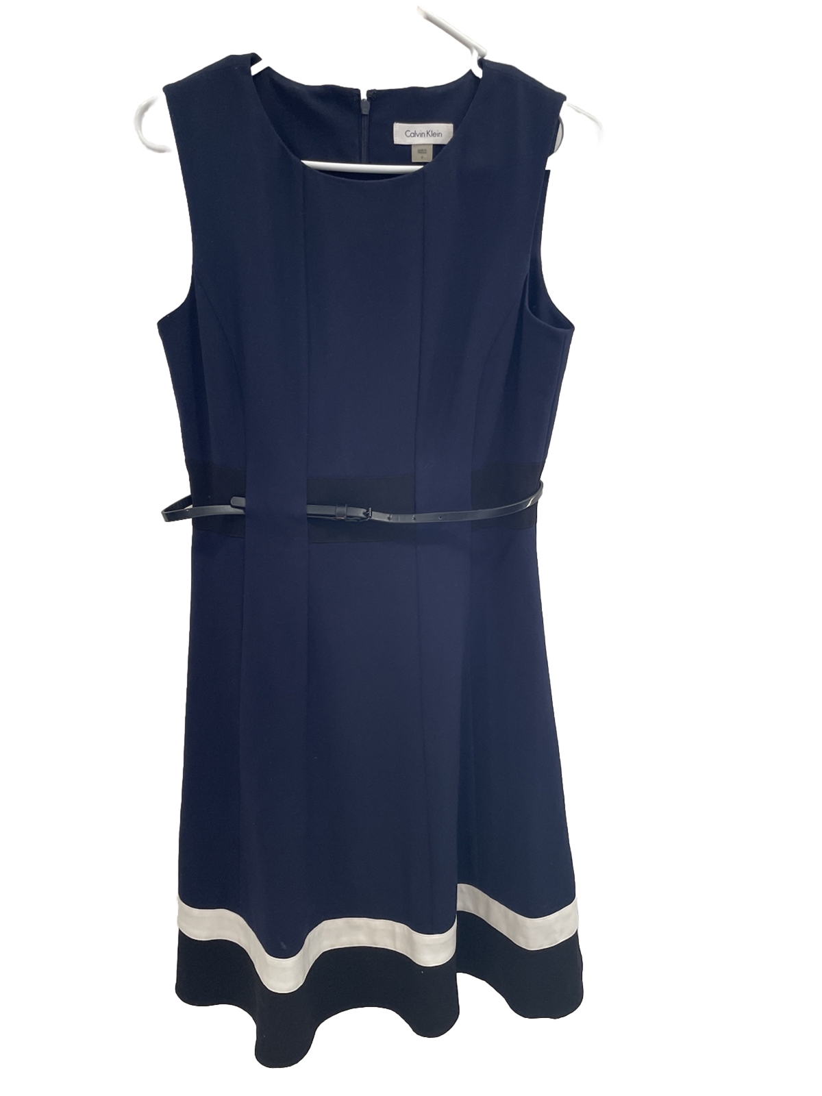 Calvin Klein Dress Sz 6 Business Career Belted Striped Hem Navy Black SI43