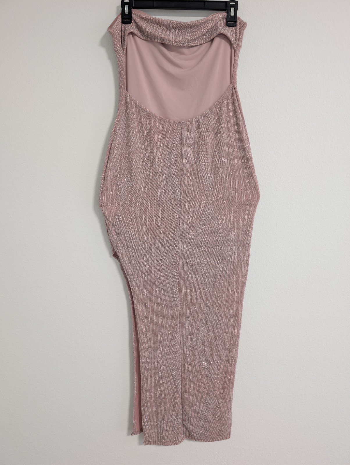 Pink Glitter Strapless Backless Long Bodycon Dress Side Slit Knit
