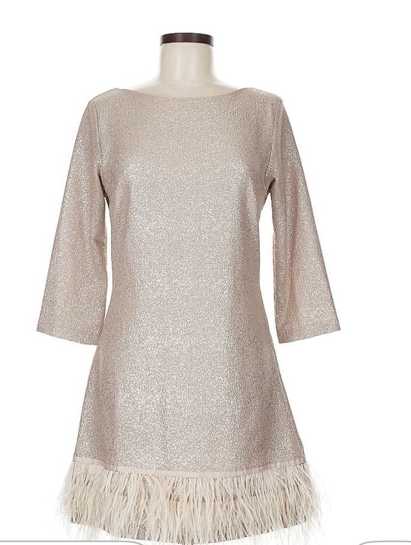 Britt Ryan Champagne Gold Lame Ostrich Feather Hem Dress Sz M Cocktail Party