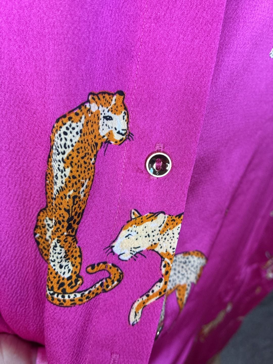 Umgee Satin Cheetah Print Button-Down Midi Shirt Dress in Magenta Pink