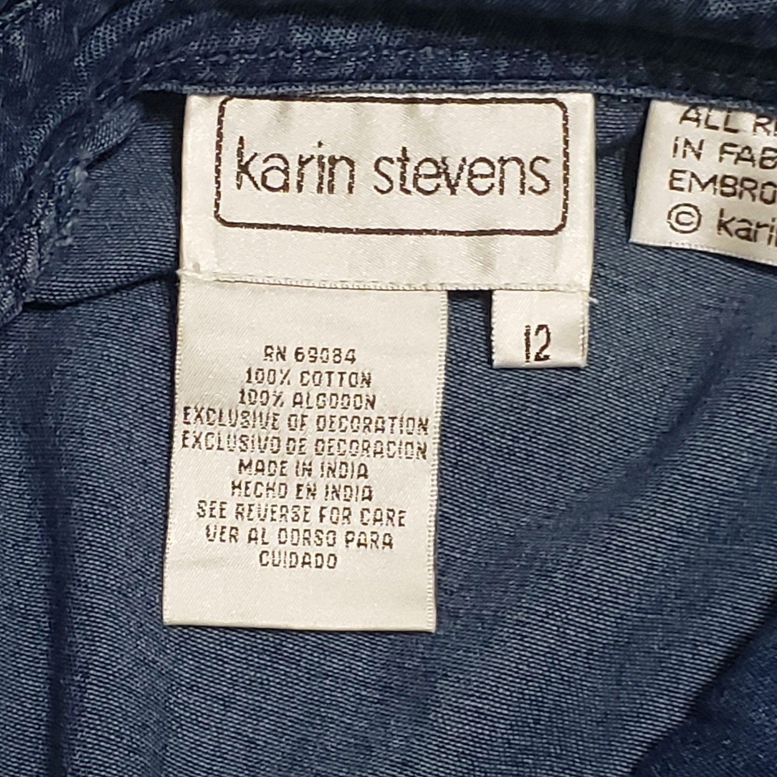 Karin Stevens Denim Button Front Midi Dress Floral Embroidered Sz 12 Cottage