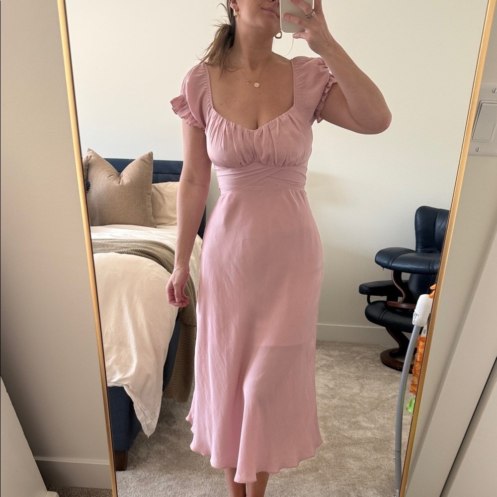 Saints + secrets Cindy Satin Midi Dress Blush Pink Puff short Sleeve tie waist