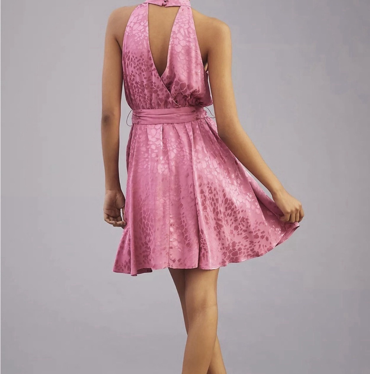 Anthropologie Rose Pink Jacquard Halter Mini Dress Small Keyhole Pockets