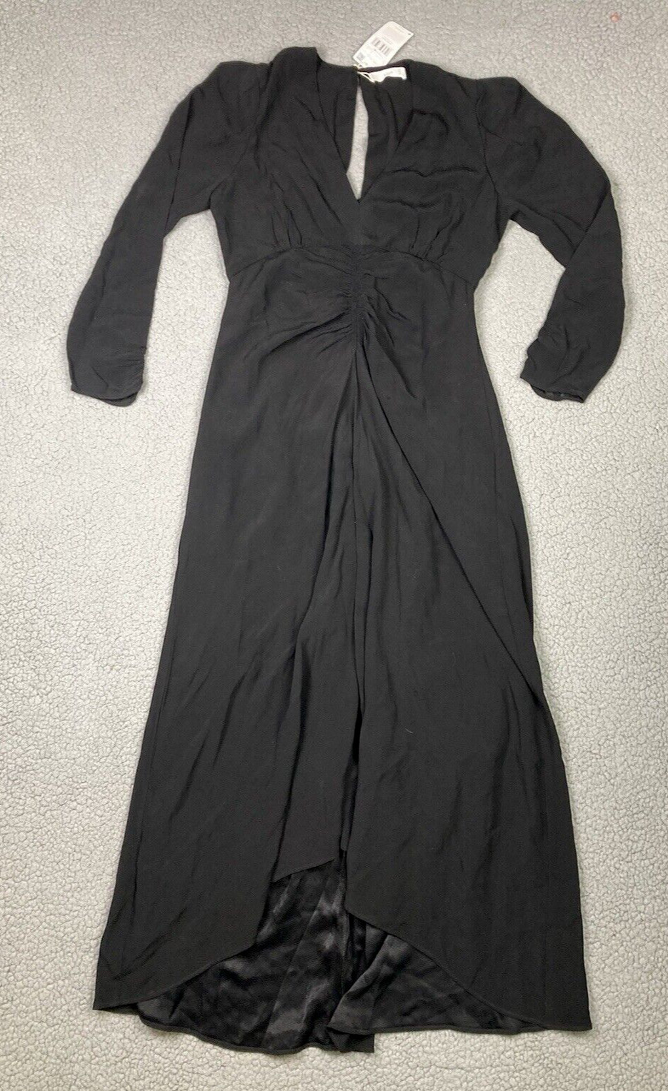MNG Mango Dress Womens LG Black V Neck Ruched Waist Hi Low Hem Maxi Gothic NWT