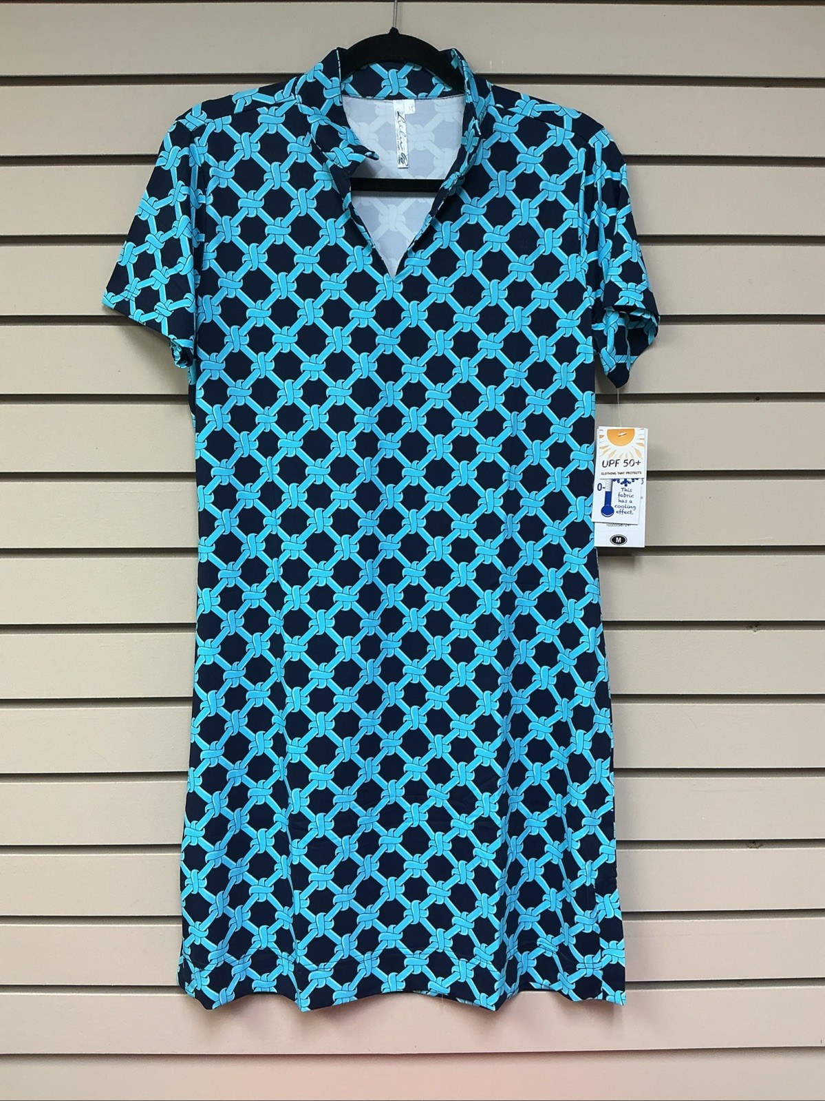 M Lulu B Women’s Short Sleeve Open Collar Navy Aqua Lattice & Twist NWT