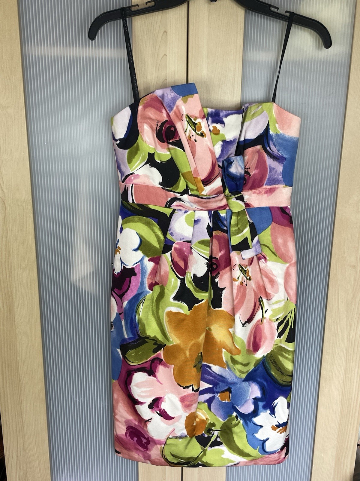 David Meister Silk Dress Sz 2 Sheath Floral Print Strapless Wedding Cocktail