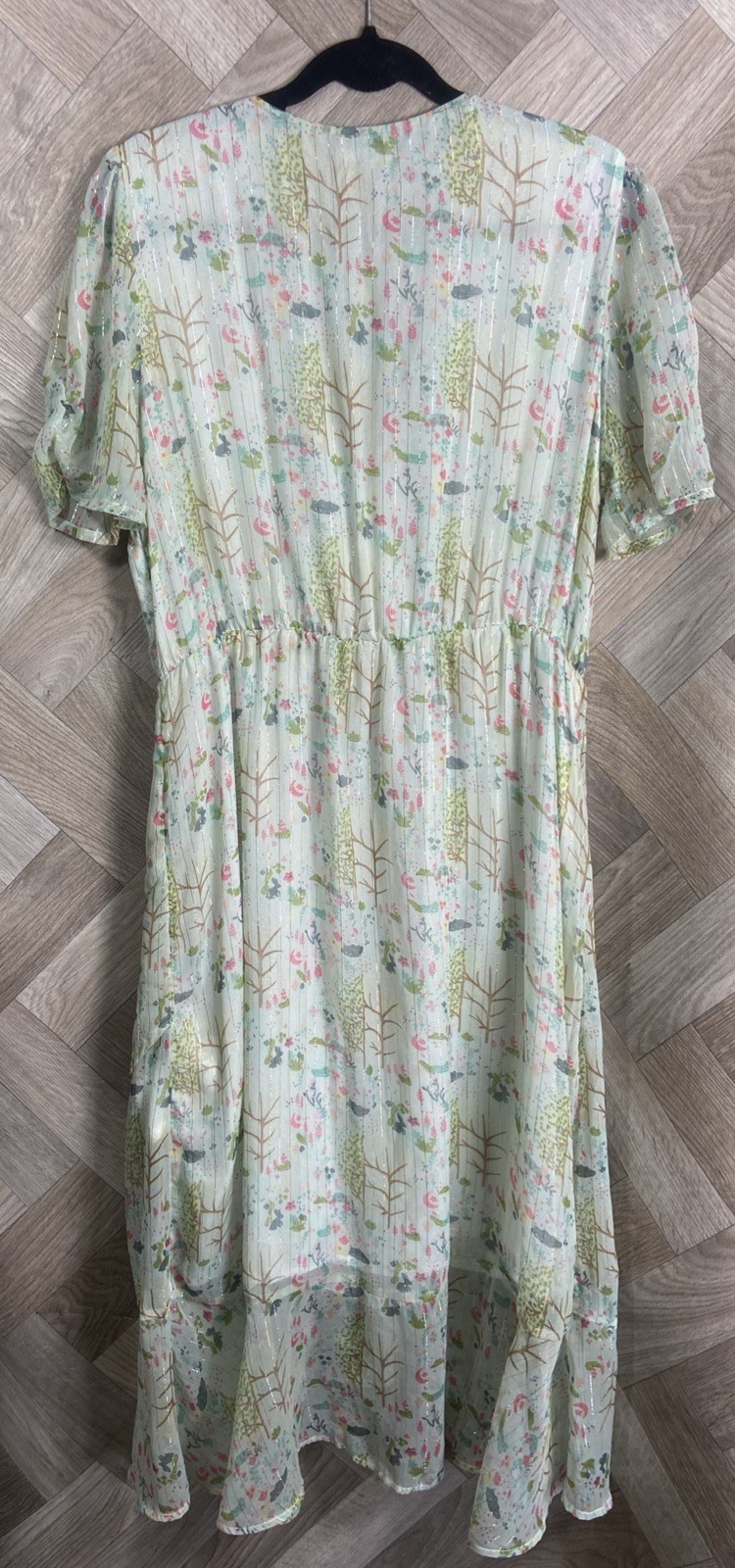 Oliver Bonas Sheer Floaty Leaf Print Midi Dress Ruffle Metallic Detail Size 16