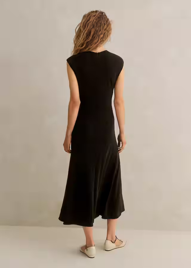 ME+EM Black Fluid Crepe Jersey Ruched Zip Front & Back Midi Dress 10 US = 14UK