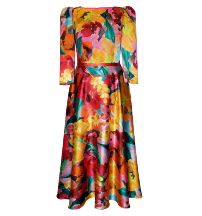 NWT CARLA RUIZ 99066 Womens Size Spain 42 / US 10 Rojo Red Floral LS Midi Dress