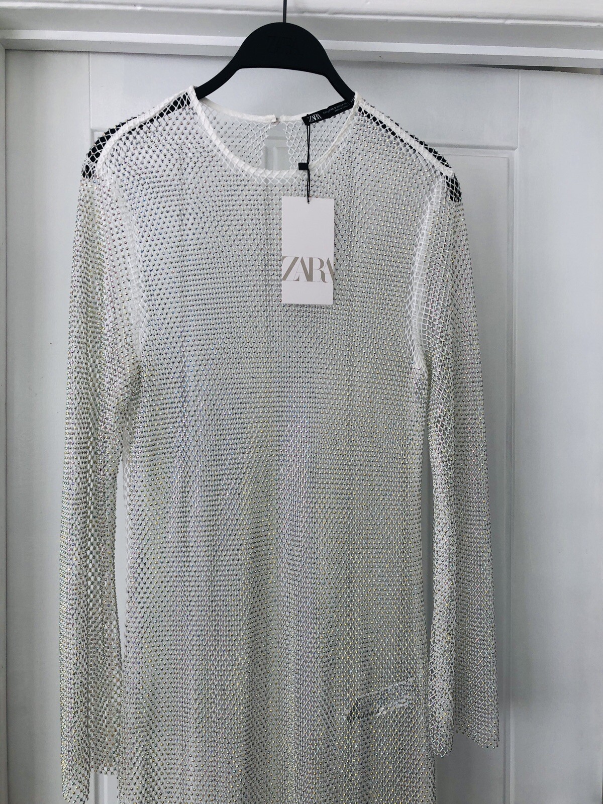 £120 ZARA SILVER RHINESTONE MESH midi maxi bodycon DRESS XS S 8 10 12 Cover Up