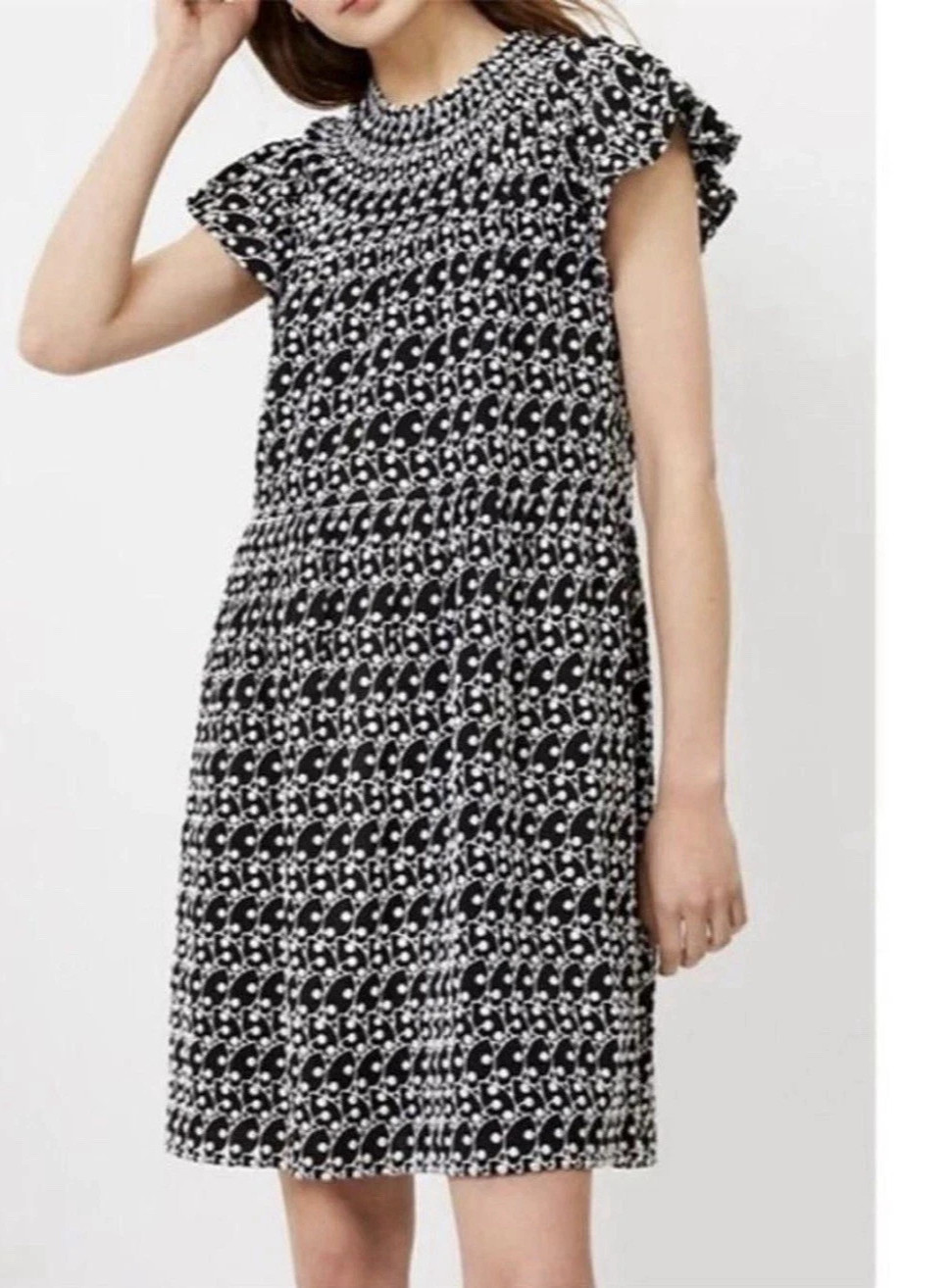 NWOT LOFT Embroidered Eyelet Smocked Yoke Mini Swing Dress Black White MEDIUM
