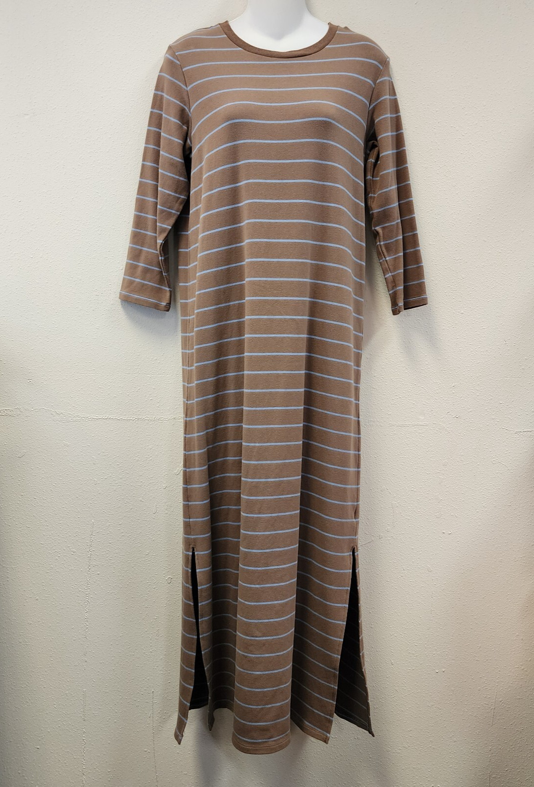 Mod Ref Maxi Cotton tshirt Dress M Brown blue Stripes 1/2 Slv Casual Minimalist