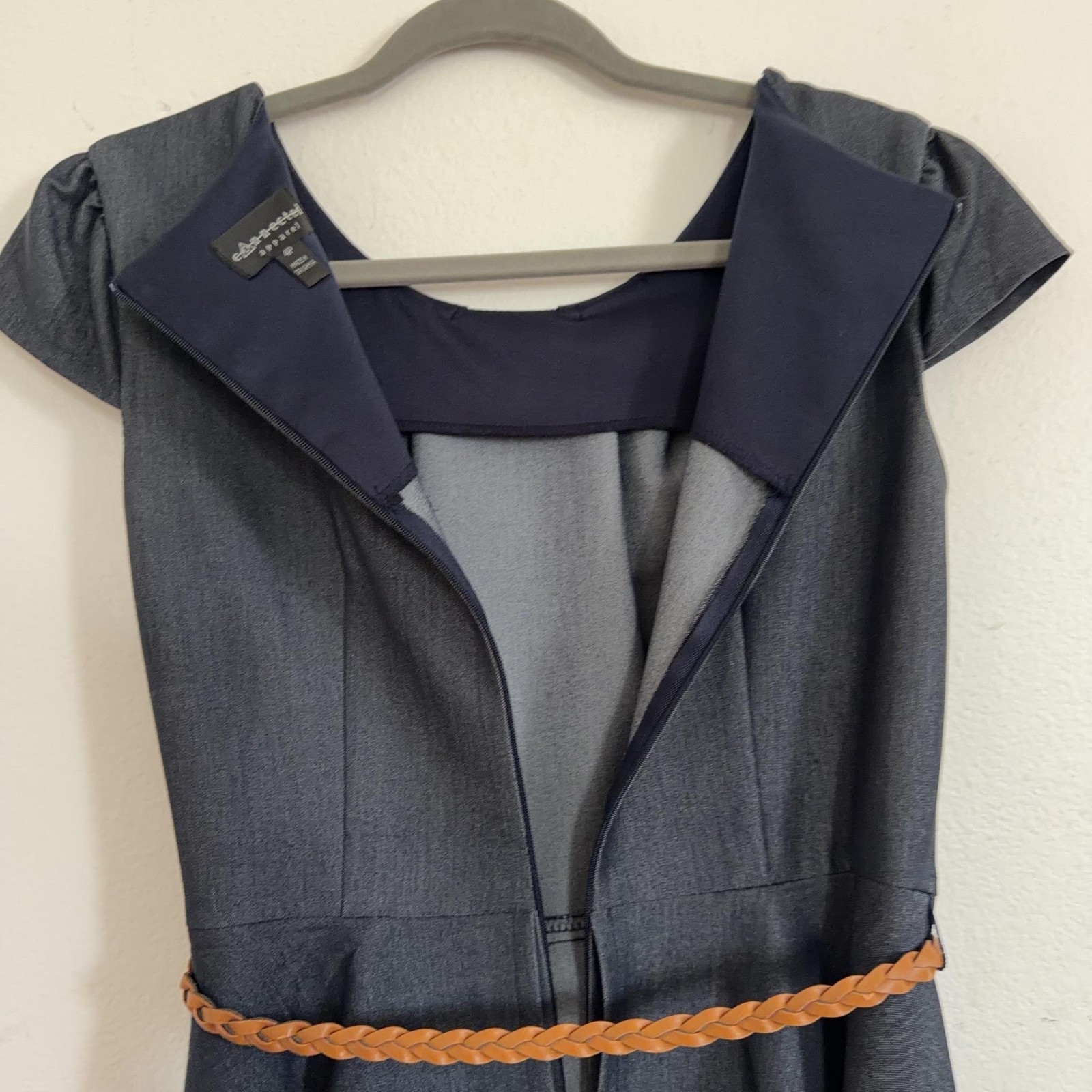 Connected Apparel Dress Womens 4P Gray Belted Sheath Cap Sleeve Knee Length