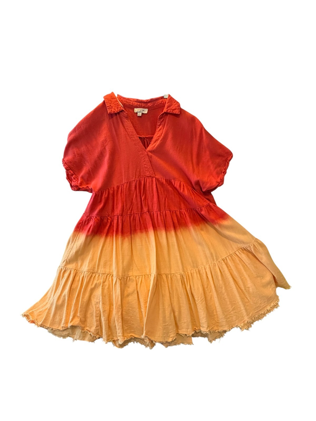 Umgee S Coral Peach Ombre Tiered Boho Tunic Dress Puff Sleeve Raw Hem Flowy