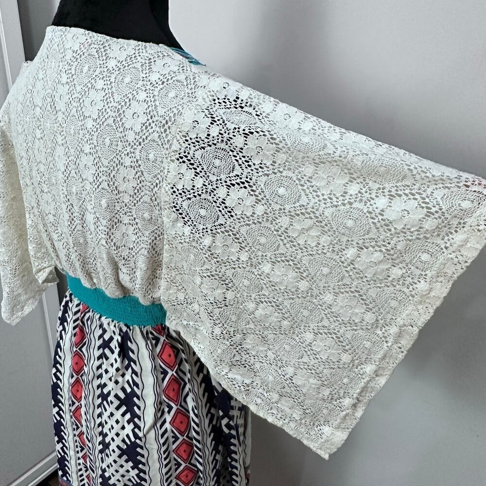 Flying Tomato Mini Dress Medium White Blue Pink Lace Boho Festival Tribal