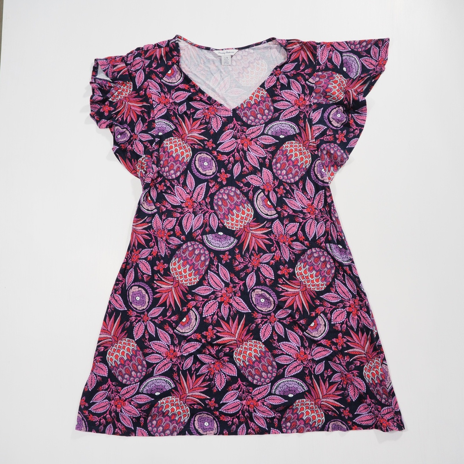 Tommy Bahama Dress Women Large Purple Pink Pineapple Flutter Sleeve Mini Stretch