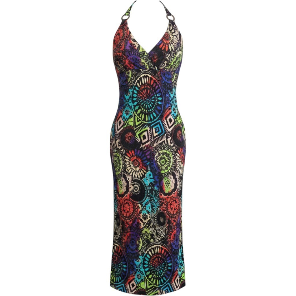 Allison Brittney Multicolor Mandala Halter Maxi Dress Wood Ring Detail Boho