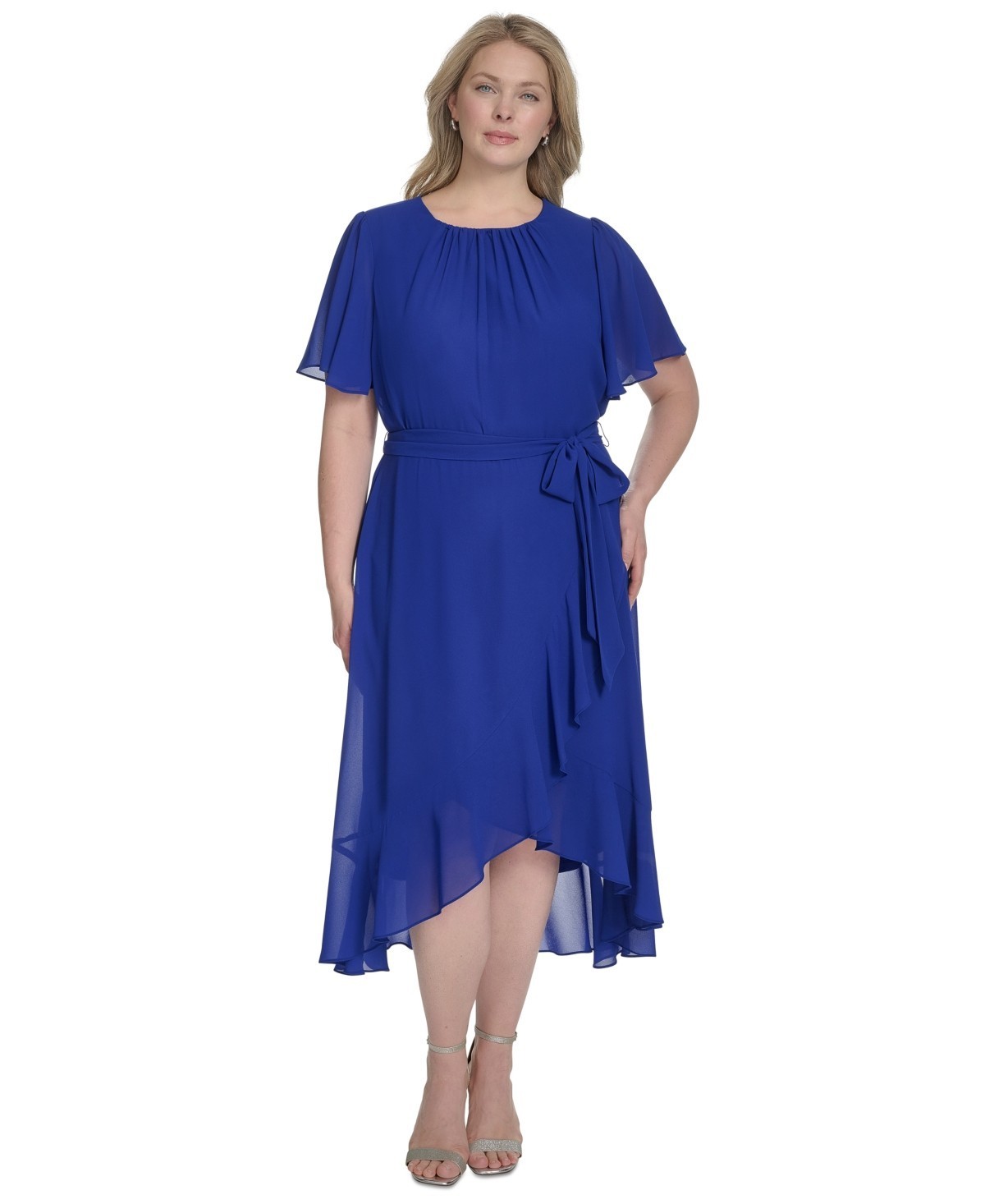 Jessica Howard Plus Size Chiffon Tie-Waist Ruffle-Trim MIDI Dress -Cobalt SZ 18W
