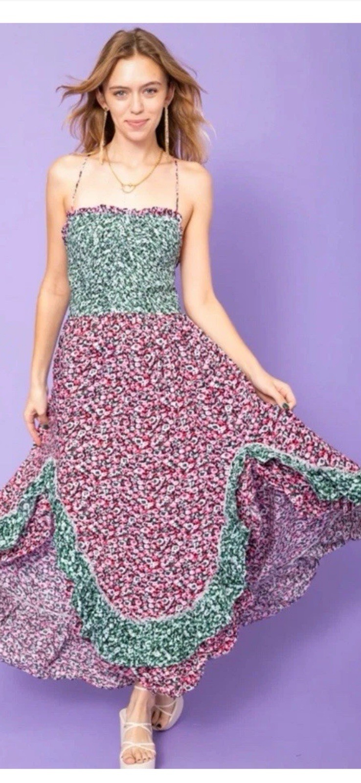 Free People ONE I LOVE Ditsy Floral Maxi Dress Sz L Boho Green Pink White Multi